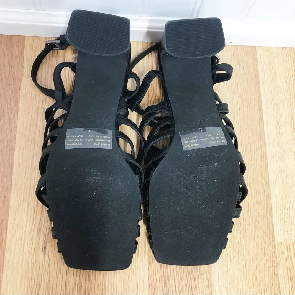 New SEYCHELLES‎ Braided Black Leather Chunky Heel Sandal Strappy Woven Size 6